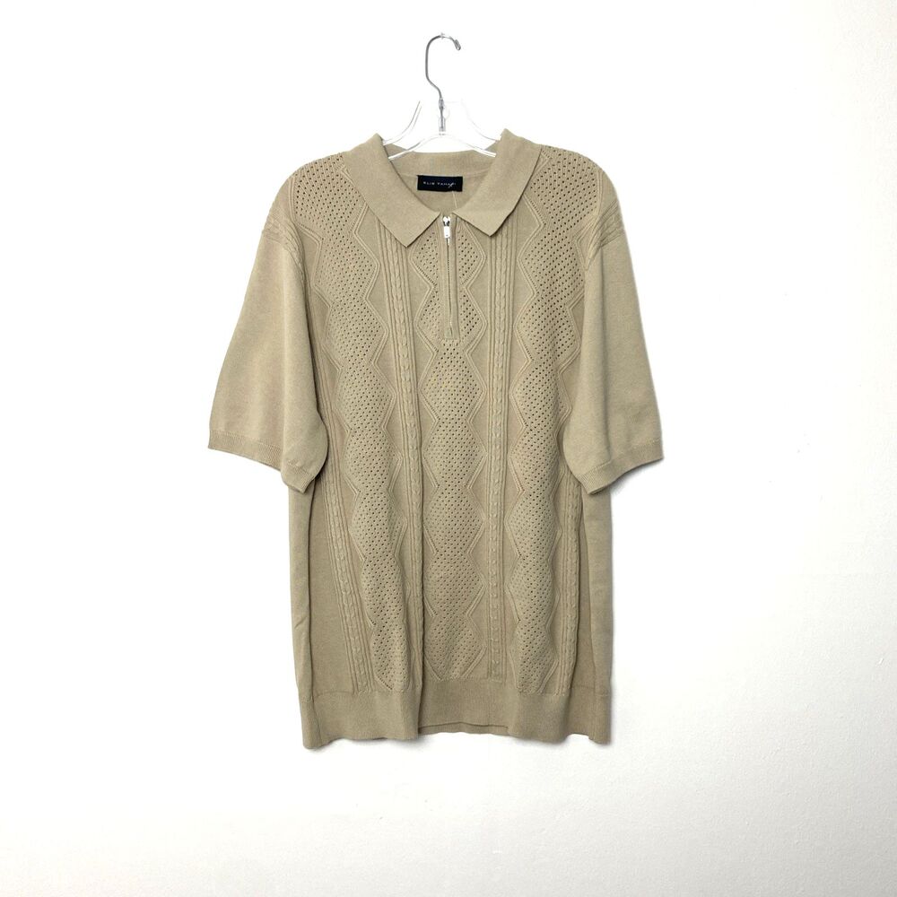 Elie Tahari Polo Shirt Sweater Mens XL Beige Tan Textured Knit Short Sleeve Zip